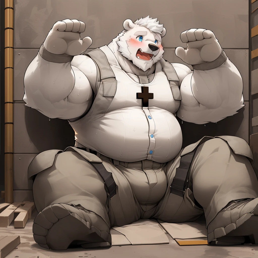 masterpiece, best quality, 8k resolution, Very detailed, hairy,(((polar bear)),(((Mature))),(((Blue Eyes)),(((beard))),(((Strong))),(((White hair all over body))),(((portrait))),(((White hair))),(((Construction Site))),For the audience,(((White vest))),(((Back against the wall))),(((Open mouth))),Highest quality scene,Solitary,solitary,(((whole body))),(((Shameful))),(((Blushing))),((( Raise your hands))),(((Legs apart))),(((sweaty))),((Fat-enclosed muscle)),(((Round face))),(((alone))),(((Strong body))),(((Hip bulge))),(((Lifted clothes))),((sit on the floor)),(((Sitting cross-legged))),(((Gray cargo pants)))