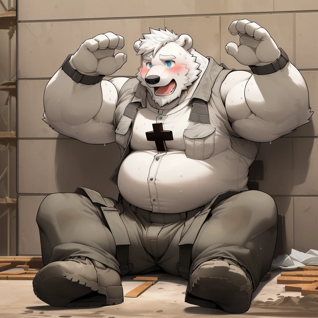 masterpiece, best quality, 8k resolution, Very detailed, hairy，(((polar bear))，(((Mature)))，(((Blue Eyes))，(((beard))),(((Strong)))，(((White hair all over body)))，(((portrait)))，(((White hair)))，(((Construction Site)))，For the audience，(((White vest))),(((Back against the wall)))，(((Open mouth)))，Highest quality scene，Solitary，solitary，(((whole body)))，(((Shameful)))，(((Blushing)))，((( Raise your hands))),(((Legs apart)))，(((sweaty)))，((Fat-enclosed muscle))，(((Round face)))，(((alone)))，(((Strong body)))，(((Hip bulge)))，(((Lifted clothes)))，((sit on the floor))，(((Sitting cross-legged)))，(((Gray cargo pants)))