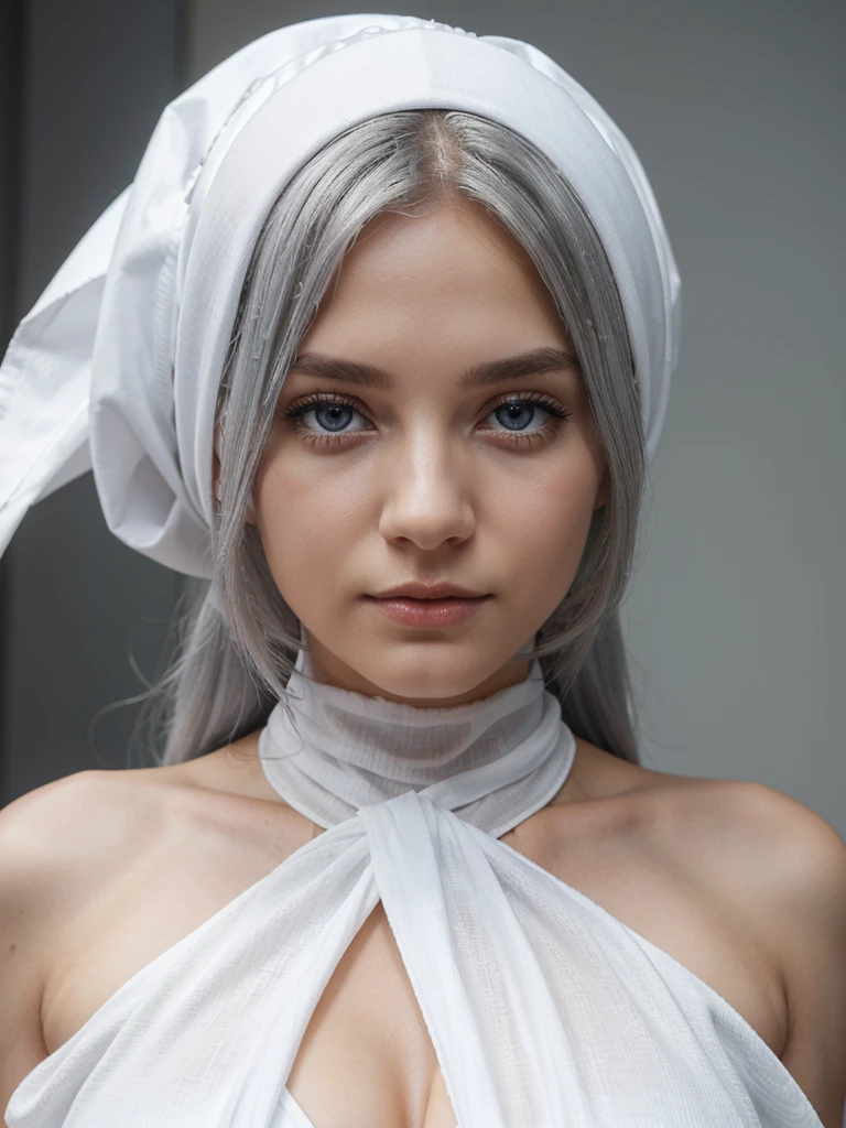 Girl, silver hair, white headscarf, white dress ,big , half body picture, perfect fingers, perfect eyes, 4k image