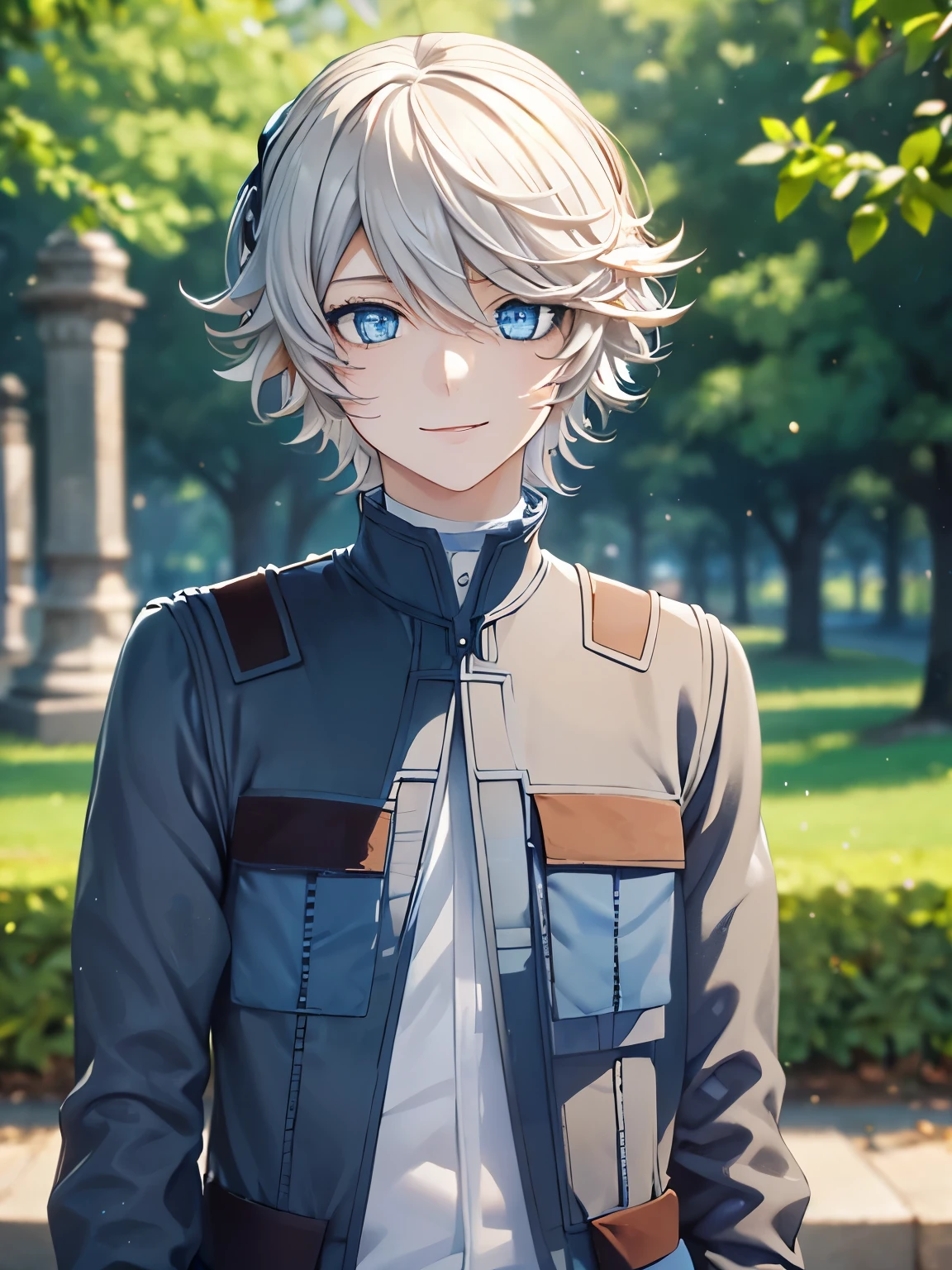 masterpiece, best quality, , 1boy, solo, male focus, looking at viewer, , depth of field, white hair, blue eyes,Standing in the park,smile, close up photo
