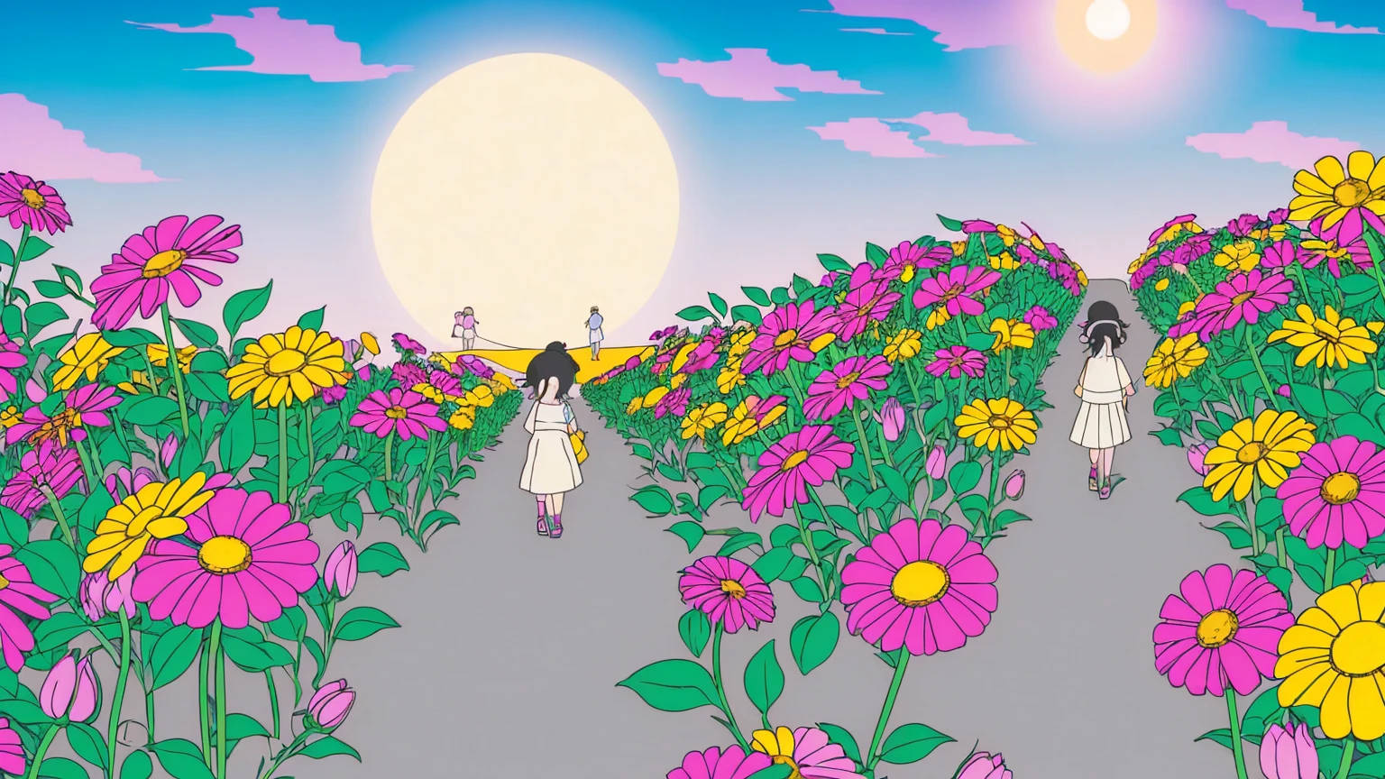 A vibrant flower blooms on the dirty ground of a large gray avenue. A crowd of gray, soulless people crosses the streets. A colorful , glowing with bright hues, stands protectively over the flower, protecting it with her little hands and determined eyes. Sunlight breaks through the dark clouds. Studio Ghibli style