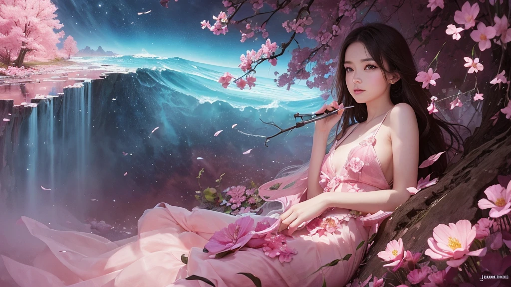 32k, Masterpiece, Highest quality, One girl, Detailed eyes, flower,Sandersonia, Pink and brown style,A dreamy, romantic piece,Pale pink, Mysterious Leaves,A playful arrangement,Fantasy,High Contrast,Ink strokes,explosion,Exposure, Impression of pink and brown tones,Abstract,((Watercolours by John Berkey and Jeremy Mann )) Brush strokes,Negative Space, Tyndall effect,