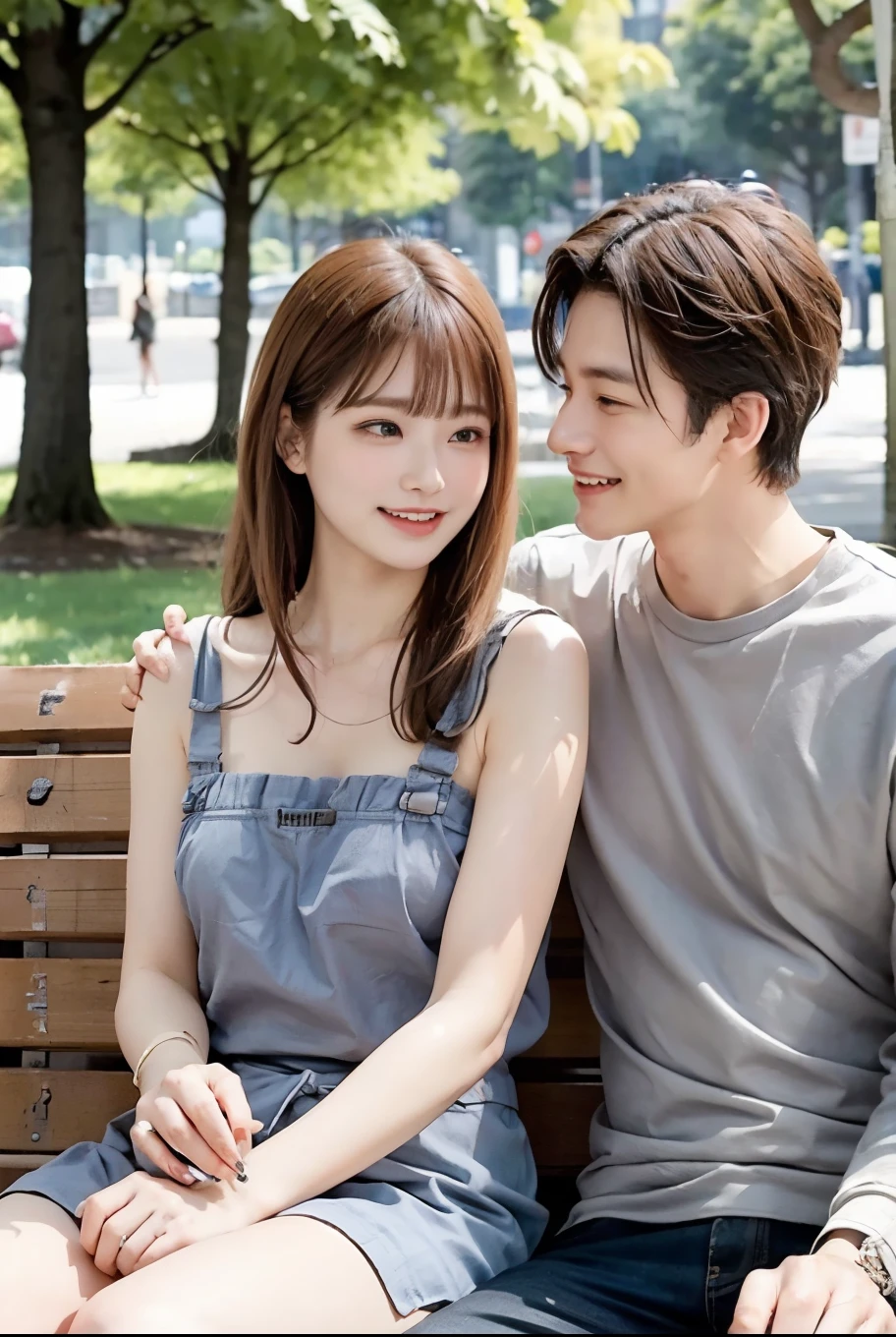 The same man and woman from the cafe, now engaged in a lively conversation at a park bench. The woman laughs, touching her hair flirtatiously, while the man looks entranced, holding his phone with her contact details displayed