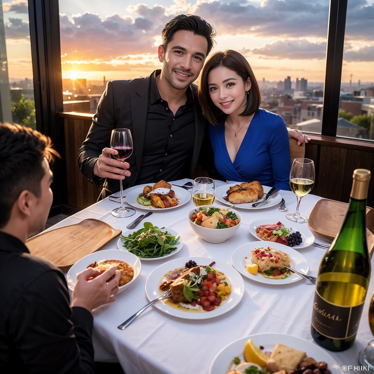((Highest quality、8K、masterpiece:1.3))、 (Genuineistic, Genuine、Bright image、Intricate details:1.2), 最高のsmile、1 male、1 female、Beautiful couple、Love Love Love、fiancee、Good friends、actress couple、smile、Full-course dinner at a packed table、 (Slim face), (the body is slim), (Brown Hair), (short hair), テーブルのwine glass、Please shine a light on my face、 Amazing view of the sunset sky and clouds、 39 years old, red wine 、Appetizers、Wine bottle、sparkling wine、Long sleeve shirt、dress、White wine, red wine, wine glass,