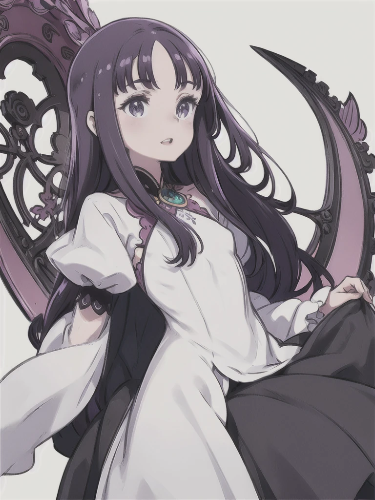 (White Background:1.5)A girl is laughing out loud, Beautiful and exquisite, Purple long hair, Pale purple eyes, Princess Dress, Side Shot, (null:1.3), Impressionism