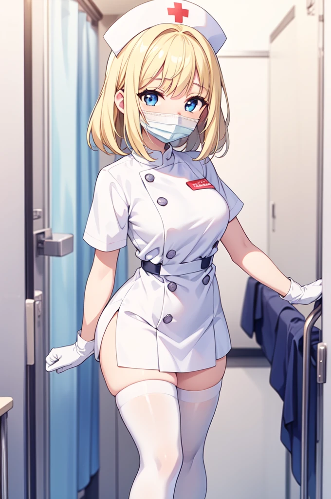 1woman, solo, nurse, white nurse cap, white nurse uniform, ((white legwear, zettai ryouiki)), white gloves, blonde hair, blue eyes, ((white surgical mask, covered nose)), standing, ((hospital room)), sharp outline, short sleeves, mature female, 35 years old, best quality, masterpiece