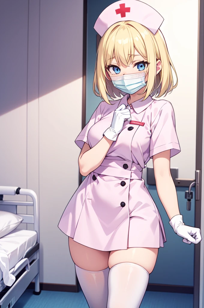 1woman, solo, nurse, white nurse cap, white nurse uniform, ((white legwear, zettai ryouiki)), white gloves, blonde hair, blue eyes, ((white surgical mask, covered nose)), standing, ((hospital room)), sharp outline, short sleeves, mature female, 35 years old, best quality, masterpiece