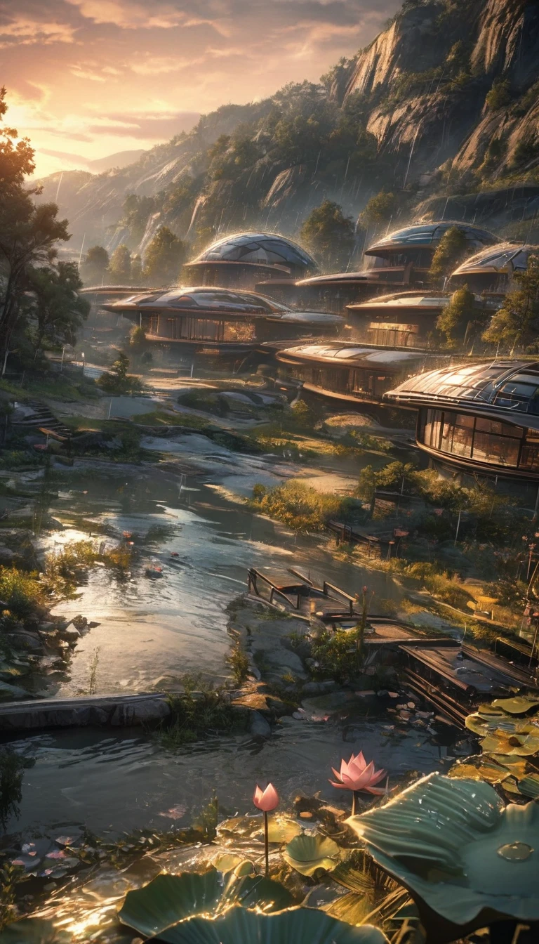 masterpiece, Best quality, Stunning details, Enjoy the future, Cyberpunk 2077 Wide Angle, 8K, Local blurring, lake, valley, Creek, Takayama, Weathered granite, hillside, Lakeside, Oval building (streamline, Lotus shape design, Transparent appearance, Metal frame, Glass facades, Fish scale decoration, huge), surrounded by forest, Decorated with lights, rain, 1 Girl,Pond in the evening，Sunset