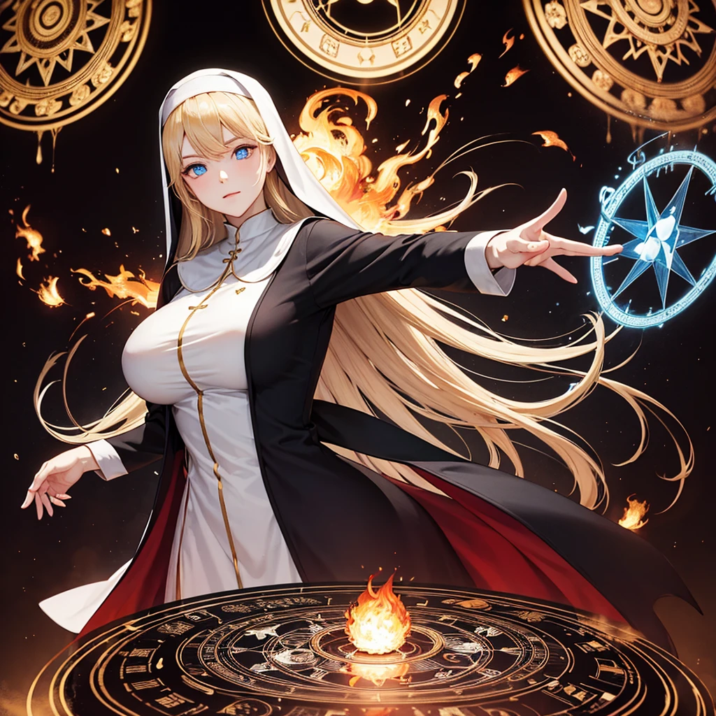 blond，Long hair，Blue Eyes，nun，白色nun服，masterpiece，best quality，Mature face，Big breasts，Holding a fireball in hand，Magic Circle