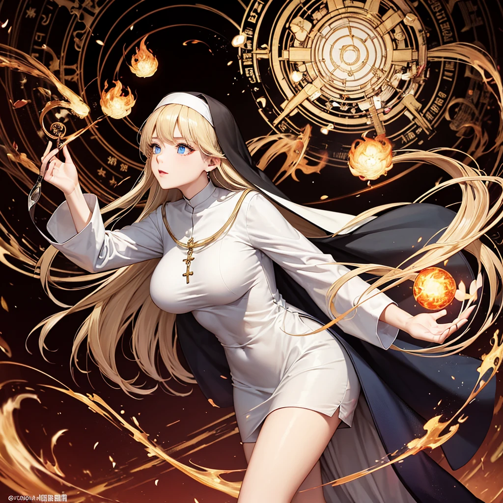 blond，Long hair，Blue Eyes，nun，白色nun服，masterpiece，best quality，Mature face，Big breasts，Holding a fireball in hand，Magic Circle