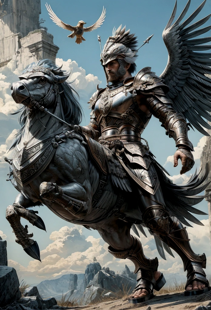 Imagine in stunning 8K cinematic detail, a formidable Spartan warrior with the face of a bird. His avian features include a razor-sharp beak and piercing eyes like those of an eagle, captured in full HD clarity. His feathers are a brilliant golden hue, shimmering under the sunlight in 4K resolution. This warrior possesses a majestic blue wing that extends gracefully from his back, with every feather rendered in meticulous detail, while his other wing, though not visible, adds a sense of mystery and depth to his presence.
The warrior is clad in classic Spartan armor, with a bronze chestplate that gleams brilliantly, reflecting light with lifelike accuracy. The armor is adorned with intricate engravings that tell tales of ancient battles and past glories, each line and curve captured in ultra-high-definition. He wears a Spartan war helmet, with a plume of feathers that extends backward, blending seamlessly with the feathers on his head, creating an imposing and majestic silhouette.
In his right hand, he holds a sturdy spear, decorated with Spartan symbols and blue feathers that match his wing. The spear's details are so precise you can see the individual fibers of the feathers and the engravings on the metal. His shield, round and solid, is emblazoned with the emblem of a bird in mid-flight, symbolizing his indomitable spirit and ability to master both sky and land. His leather sandals are reinforced with metal straps, ensuring that each step resonates with the strength of a legendary warrior.
The warrior is strong and agile, his defined muscles showcasing years of rigorous training, depicted in stunning 4K. His movements are precise and lethal, reflecting Spartan discipline and the grace of a bird of prey, all animated with fluid and realistic motion. This avian warrior is a mythical figure, a perfect blend of strength, agility, and majesty, a true symbol of bravery and power on the battlefield.
Beyond his physical attributes, this warrior embodies the essence of
