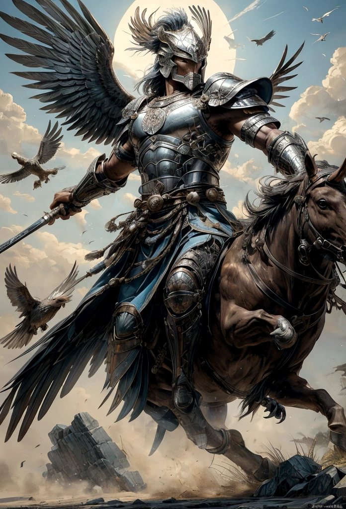 Imagine in stunning 8K cinematic detail, a formidable Spartan warrior with the face of a bird. His avian features include a razor-sharp beak and piercing eyes like those of an eagle, captured in full HD clarity. His feathers are a brilliant golden hue, shimmering under the sunlight in 4K resolution. This warrior possesses a majestic blue wing that extends gracefully from his back, with every feather rendered in meticulous detail, while his other wing, though not visible, adds a sense of mystery and depth to his presence.
The warrior is clad in classic Spartan armor, with a bronze chestplate that gleams brilliantly, reflecting light with lifelike accuracy. The armor is adorned with intricate engravings that tell tales of ancient battles and past glories, each line and curve captured in ultra-high-definition. He wears a Spartan war helmet, with a plume of feathers that extends backward, blending seamlessly with the feathers on his head, creating an imposing and majestic silhouette.
In his right hand, he holds a sturdy spear, decorated with Spartan symbols and blue feathers that match his wing. The spear's details are so precise you can see the individual fibers of the feathers and the engravings on the metal. His shield, round and solid, is emblazoned with the emblem of a bird in mid-flight, symbolizing his indomitable spirit and ability to master both sky and land. His leather sandals are reinforced with metal straps, ensuring that each step resonates with the strength of a legendary warrior.
The warrior is strong and agile, his defined muscles showcasing years of rigorous training, depicted in stunning 4K. His movements are precise and lethal, reflecting Spartan discipline and the grace of a bird of prey, all animated with fluid and realistic motion. This avian warrior is a mythical figure, a perfect blend of strength, agility, and majesty, a true symbol of bravery and power on the battlefield.
Beyond his physical attributes, this warrior embodies the essence of