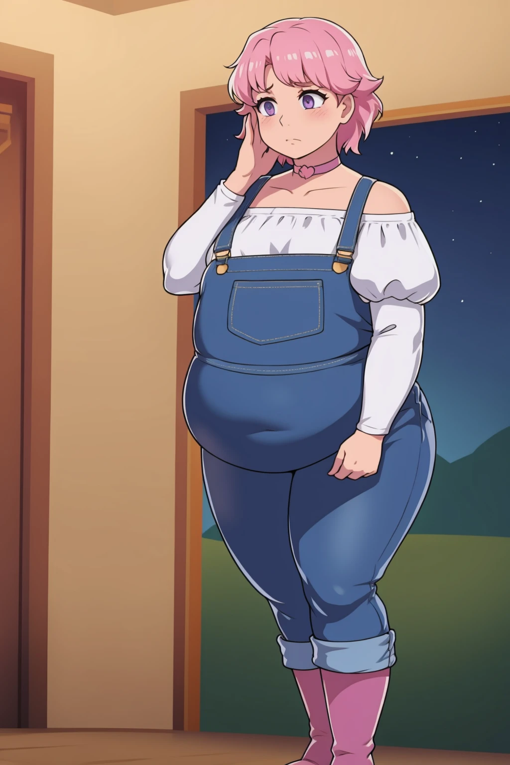 (From below POV)(Pale skin:1.0)Up close, Holding belly, hands on belly, outgrown clothes, (Sad:1.1), (Sad face:1.1)Pale skin, (Obese:1.1),fat, Slightly chubby, sad, farm backround, upper body, looking at viewer, 1girl, solo, short pink hair, (dark blue choker), (dark blue denim overalls), (purple eyes), (pink boots), (white shoulder lantern sleeve blouse