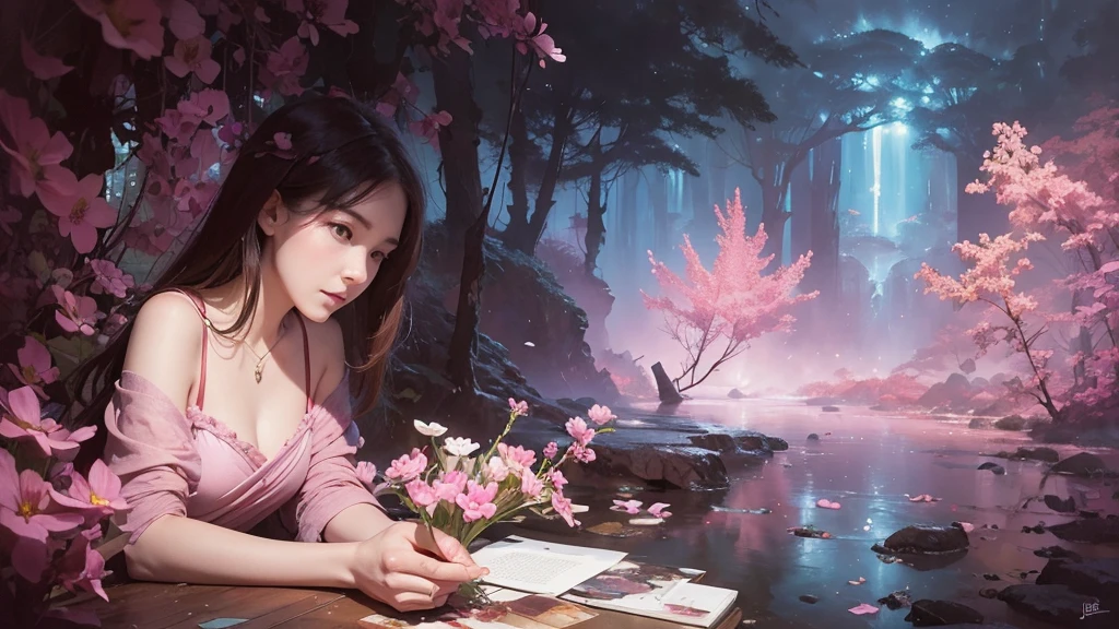 32k, Masterpiece, Highest quality, One girl, Detailed eyes, flower,Sandersonia, Pink and brown style,A dreamy, romantic piece,Pale pink, Mysterious Leaves,A playful arrangement,Fantasy,High Contrast,Ink strokes,explosion,Exposure, Impression of pink and brown tones,Abstract,((Watercolours by John Berkey and Jeremy Mann )) Brush strokes,Negative Space, Tyndall effect,