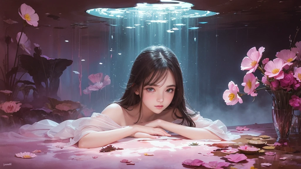 32k, Masterpiece, Highest quality, One girl, Detailed eyes, flower,Sandersonia, Pink and brown style,A dreamy, romantic piece,Pale pink, Mysterious Leaves,A playful arrangement,Fantasy,High Contrast,Ink strokes,explosion,Exposure, Impression of pink and brown tones,Abstract,((Watercolours by John Berkey and Jeremy Mann )) Brush strokes,Negative Space, Tyndall effect,