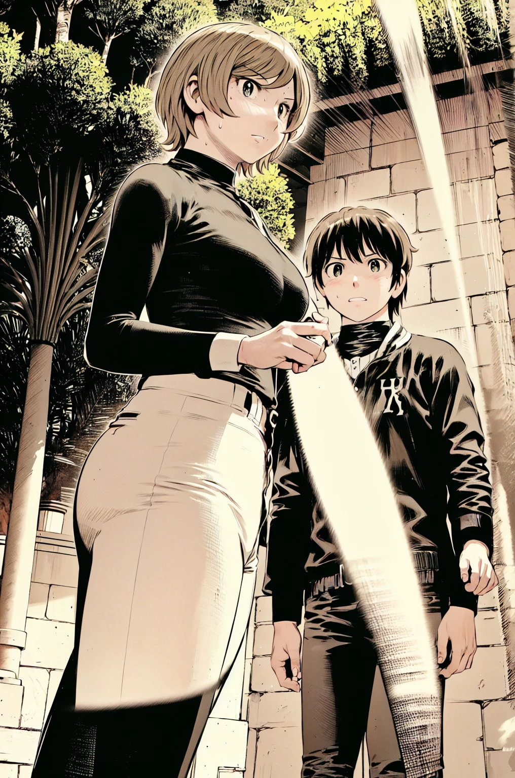 (野球uniform:1.2),
Blonde Hair, (short hair:1.2),Long sleeve, Black Shirt, turtleneck,White trousers、uniform、Black belt、((Illustration of a person))
View your viewers,, (Highest quality:1.3),One Girl, White pants、uniform、Outdoor、baseball ground、ground、soil、blue eyes、Tight black shirt、(masterpiece、Highest quality)、Highest quality, Ultra-high resolution, (((masterpiece))), alone, Sweat、Big eyes、Big Breasts、One Girl, Front view、Embarrassed face、Bronze colored hair、((short hair))、Please stand up straight