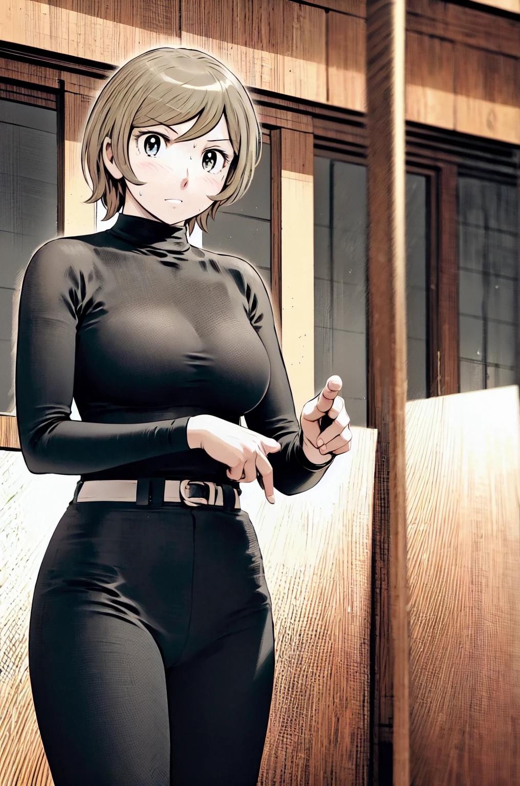 (野球uniform:1.2),
Blonde Hair, (short hair:1.2),Long sleeve, Black Shirt, turtleneck,White trousers、uniform、Black belt、((Illustration of a person))
View your viewers,, (Highest quality:1.3),One Girl, White pants、uniform、Outdoor、baseball ground、ground、soil、blue eyes、Tight black shirt、(masterpiece、Highest quality)、Highest quality, Ultra-high resolution, (((masterpiece))), alone, Sweat、Big eyes、Big Breasts、One Girl, Front view、Embarrassed face、Bronze colored hair、((short hair))、Please stand up straight