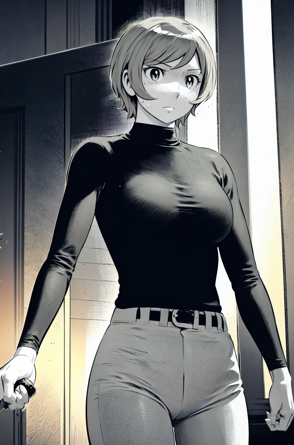 (野球uniform:1.2),
Blonde Hair, (short hair:1.2),Long sleeve, Black Shirt, turtleneck,White trousers、uniform、Black belt、((Illustration of a person))
View your viewers,, (Highest quality:1.3),One Girl, White pants、uniform、Outdoor、baseball ground、ground、soil、blue eyes、Tight black shirt、(masterpiece、Highest quality)、Highest quality, Ultra-high resolution, (((masterpiece))), alone, Sweat、Big eyes、Big Breasts、One Girl, Front view、Embarrassed face、Bronze colored hair、((short hair))、Please stand up straight
