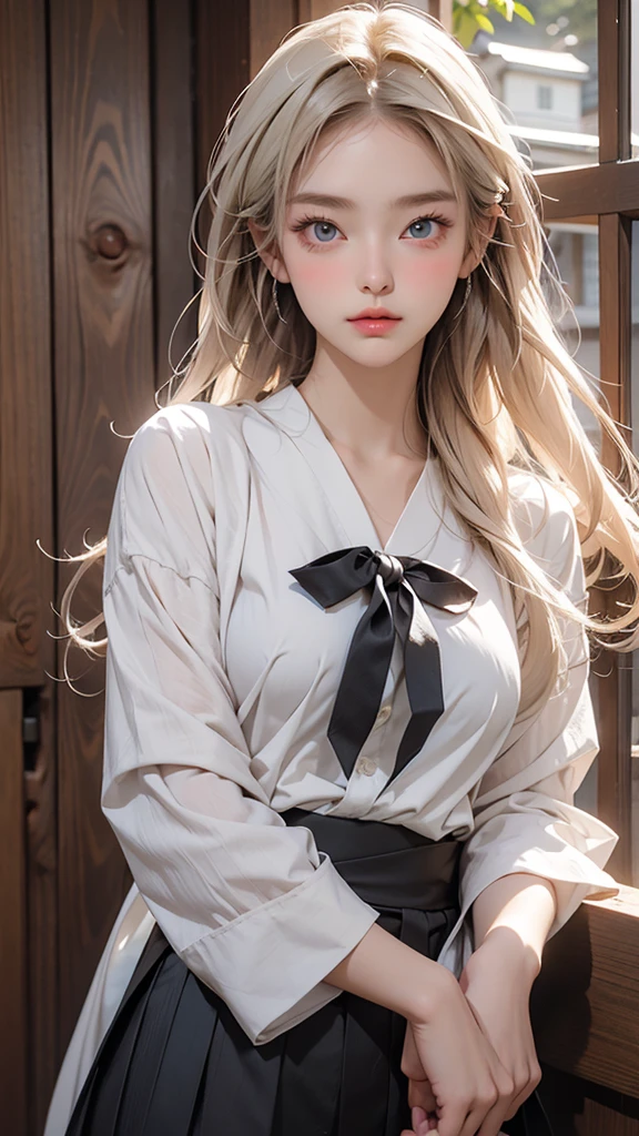 A beautiful high school girl who is half French and half Japanese、Anyway, her face is beautiful、Beautiful blue eye color、She has beautiful long straight hair that is light blonde in color.、The outfit is a sailor suit, a Japanese , with a white blouse and a grey skirt.。The composition is a close-up image from the chest up, showing only the upper body.、The beautiful high school girl's face is scrunched up and she is laughing happily with her mouth open.!