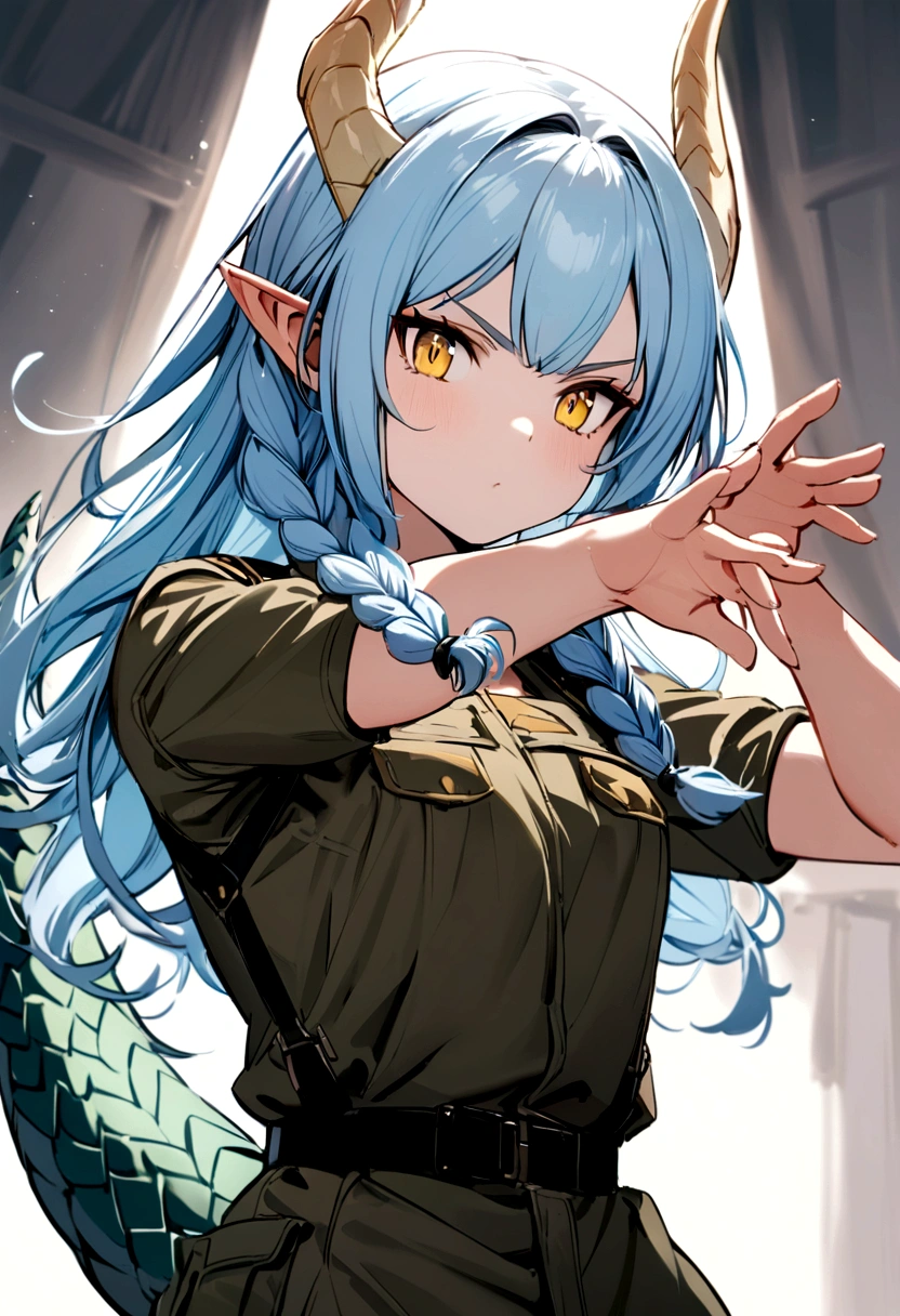 cute young girl, light blue hair, long hair, small braids hair, yellow eyes, dragon horn, dragon tail, elf ear, muscular body, small breast, war outfit, fight with sword pose