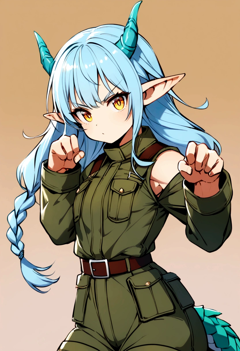 cute young girl, light blue hair, long hair, small braids hair, yellow eyes, dragon horn, dragon tail, elf ear, muscular body, small breast, war outfit, fight with sword pose