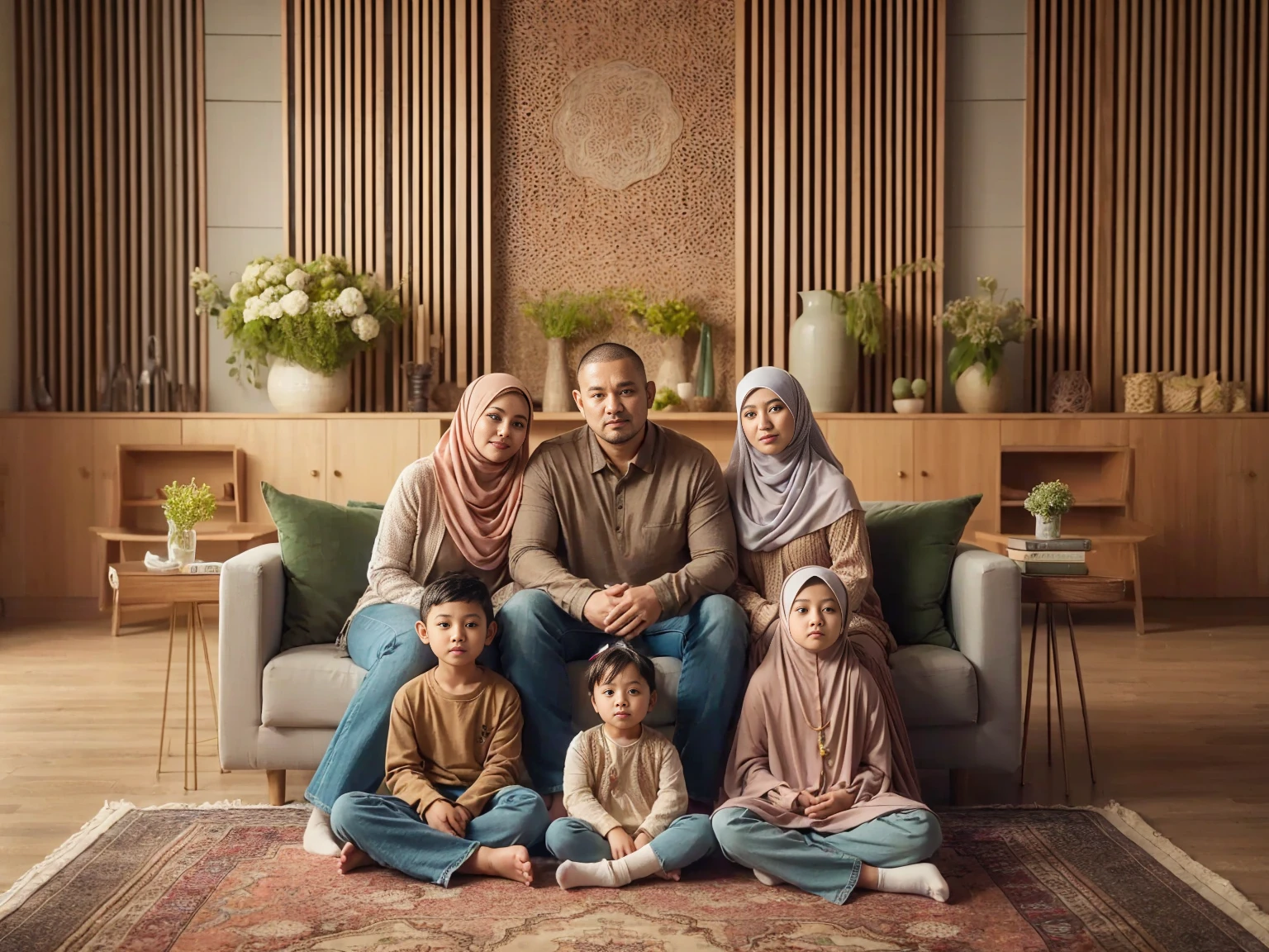 Indoor Photography, close up, 5 people, Indonesian couple aged 38 sitting on a sofa, a slightly overweight man with short buzz hair and a woman wearing a long compliant pashmina hijab holding a aged 4 with short ponytail hair, in front of them on carpets sits a girl aged 18 and a girl aged 12 both wearing hijab, and a aged 6, all in casual clothes, set in a minimalist home with wooden patterned walls, warm pose, green flower vases, side tables, fresh color, 8k, photography, UHD.