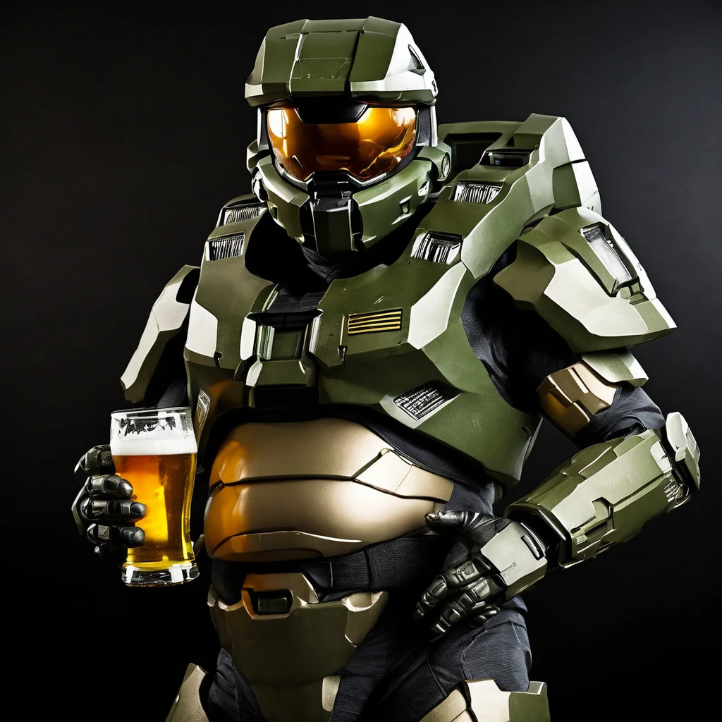 Master Chief with beer belly , dramatic lighting, dark background   