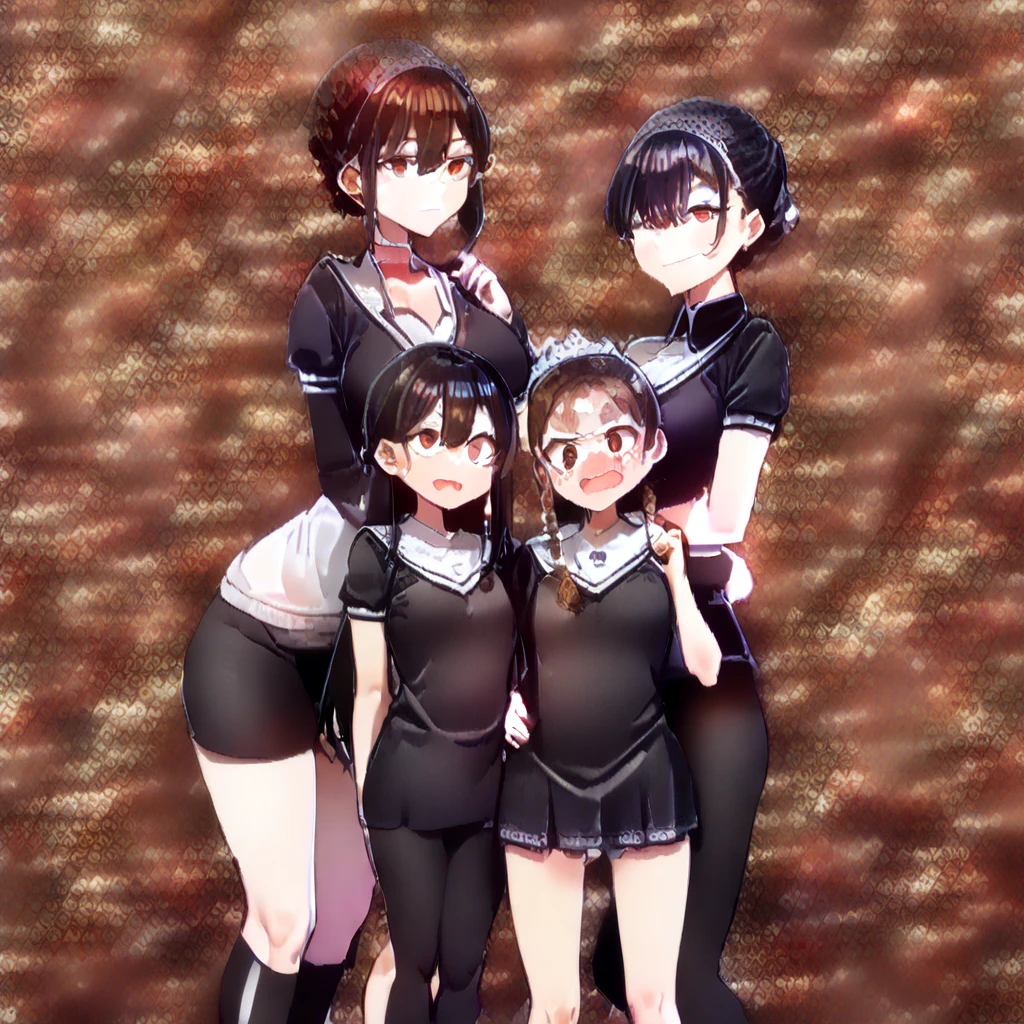 nsfw,4girls,shirt lift,lineup,Multiple Girls,straight-on,tow side up,masterpiece, best quality, very aesthetic, absurdres,black,red,White,Silver,masterpiece, best quality, very aesthetic, Absurdres Student,(big breast),(medium breasts),(huge breasts)