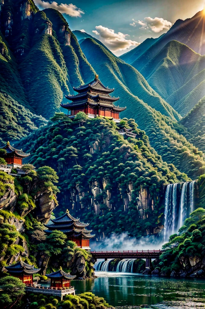 a couple in ancient china, a general who is a duke and his wife who is a medic, in a place with mountainous landscapes and waterfalls, highly detailed, cinematic, dramatic lighting, muted color palette, epic scale, (best quality,4k,8k,highres,masterpiece:1.2),ultra-detailed,(realistic,photorealistic,photo-realistic:1.37),dramatic lighting, dramatic composition, epic scale, intricate details, meticulously rendered, lush foliage, cascading waterfalls, rugged mountains, imperial palace architecture, traditional chinese attire, ornate details, warm color tones