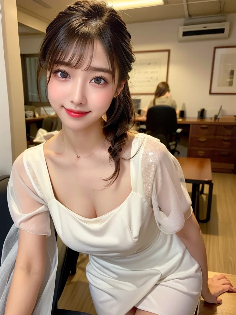 (masterpiece:1.3, Highest quality), (Realistic, photoRealistic:1.4), beautiful photo, (Natural Side Lighting, Cinema Lighting), Look down, whole body, From below, 1 Girl, Japanese, (reception), 20-year-old, Perfect Face, (Perfect Anatomy), Cute and symmetrical face, Shiny skin, (Long Hair, ponytail, Brown Hair, Pink hair ribbon), Swept-apart bangs, Dark blue eyes, Slanted Eyes, Long eyelashes, (Large Breasts: 0.8), Beautiful Hair, Beautiful Face, Beautiful attention to detail, Beautiful clavicle, Beautiful body, Beautiful breasts, Beautiful thighs, Beautiful feet, Beautiful fingers, ((Very detailed see-through costume, Square neck ivory dress, )), (Beautiful views, Depth of written boundary, Detailed Background), evening, (Office Room), indoor, Overlooking:building, Are standing, (smile),((Prostitute))
