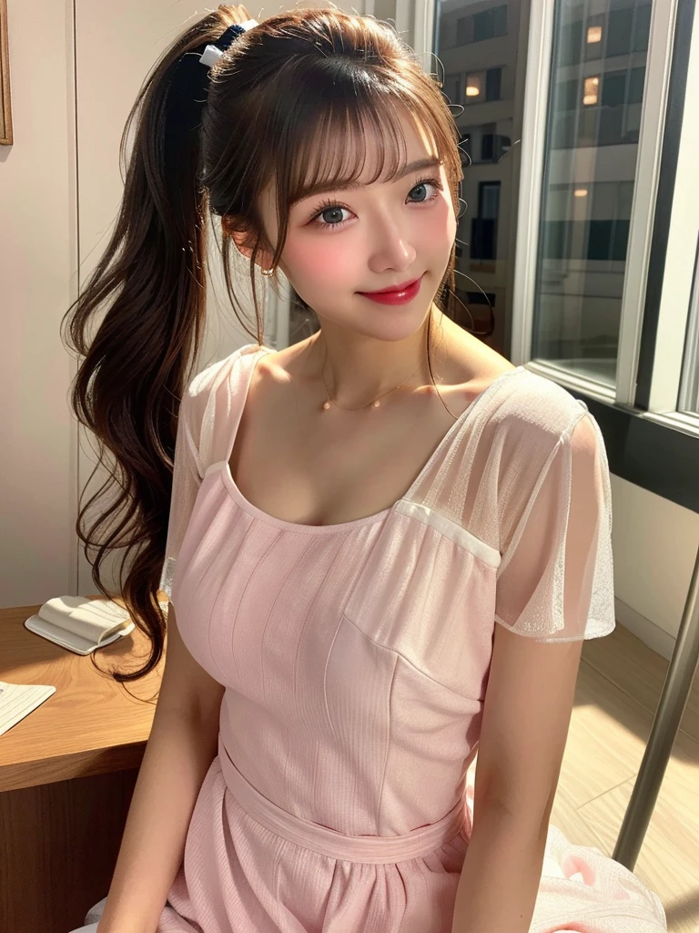 (masterpiece:1.3, Highest quality), (Realistic, photoRealistic:1.4), beautiful photo, (Natural Side Lighting, Cinema Lighting), Look down, whole body, From below, 1 Girl, Japanese, (reception), 20-year-old, Perfect Face, (Perfect Anatomy), Cute and symmetrical face, Shiny skin, (Long Hair, ponytail, Brown Hair, Pink hair ribbon), Swept-apart bangs, Dark blue eyes, Slanted Eyes, Long eyelashes, (Large Breasts: 0.8), Beautiful Hair, Beautiful Face, Beautiful attention to detail, Beautiful clavicle, Beautiful body, Beautiful breasts, Beautiful thighs, Beautiful feet, Beautiful fingers, ((Very detailed see-through costume, Square neck ivory dress, )), (Beautiful views, Depth of written boundary, Detailed Background), evening, (Office Room), indoor, Overlooking:building, Are standing, (smile),((Prostitute))