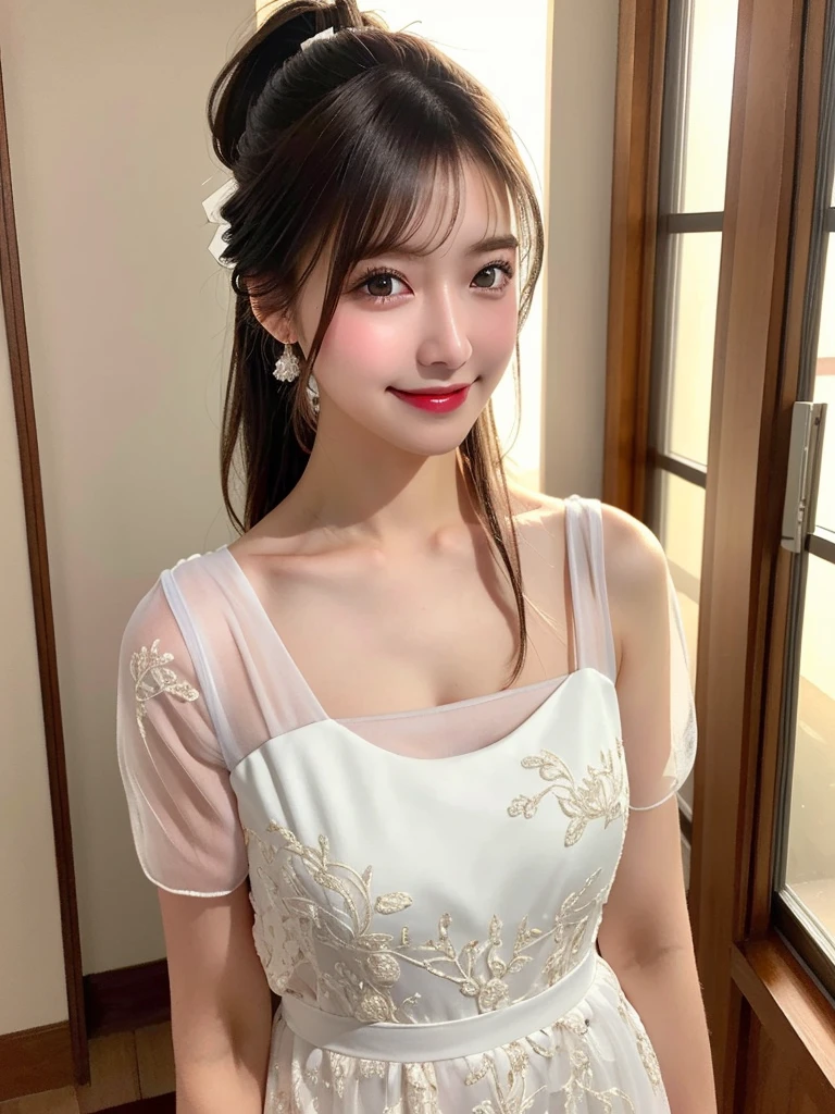 (masterpiece:1.3, Highest quality), (Realistic, photoRealistic:1.4), beautiful photo, (Natural Side Lighting, Cinema Lighting), Look down, whole body, From below, 1 Girl, Japanese, (reception), 20-year-old, Perfect Face, (Perfect Anatomy), Cute and symmetrical face, Shiny skin, (Long Hair, ponytail, Brown Hair, Pink hair ribbon), Swept-apart bangs, Dark blue eyes, Slanted Eyes, Long eyelashes, (Large Breasts: 0.8), Beautiful Hair, Beautiful Face, Beautiful attention to detail, Beautiful clavicle, Beautiful body, Beautiful breasts, Beautiful thighs, Beautiful feet, Beautiful fingers, ((Very detailed see-through costume, Square neck ivory dress, )), (Beautiful views, Depth of written boundary, Detailed Background), evening, (Office Room), indoor, Overlooking:building, Are standing, (smile),((Prostitute))