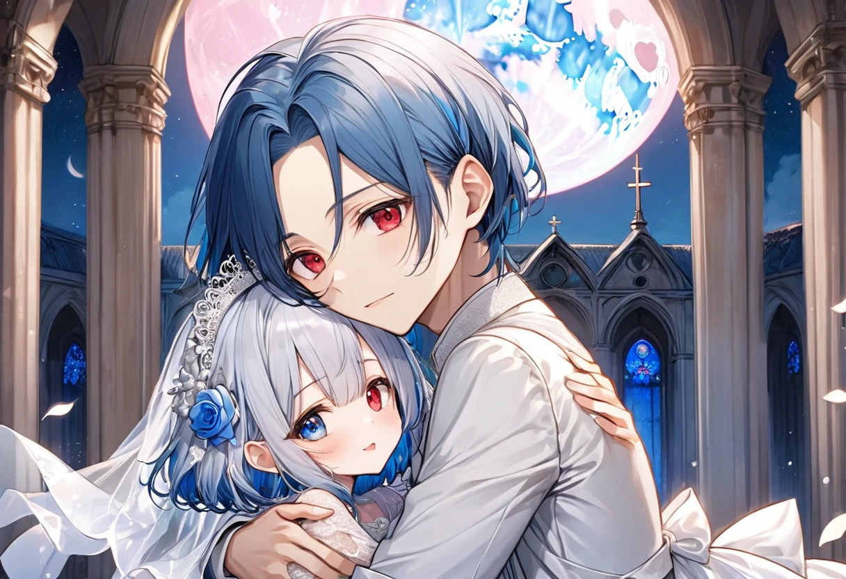 (a crew cut silver hair very short hair divine cool boy, detailed red eyes, flat chest) and (a forehead blue hair long hair cute bride girl, cute blue eyes), break, (love hugging style), (in the Chapel Terrace), (background detailed biggest pink moon), BREAK, perfect anatomy, masterpiece, best quality, 16k, beautiful detailed night, daydreaming expression.