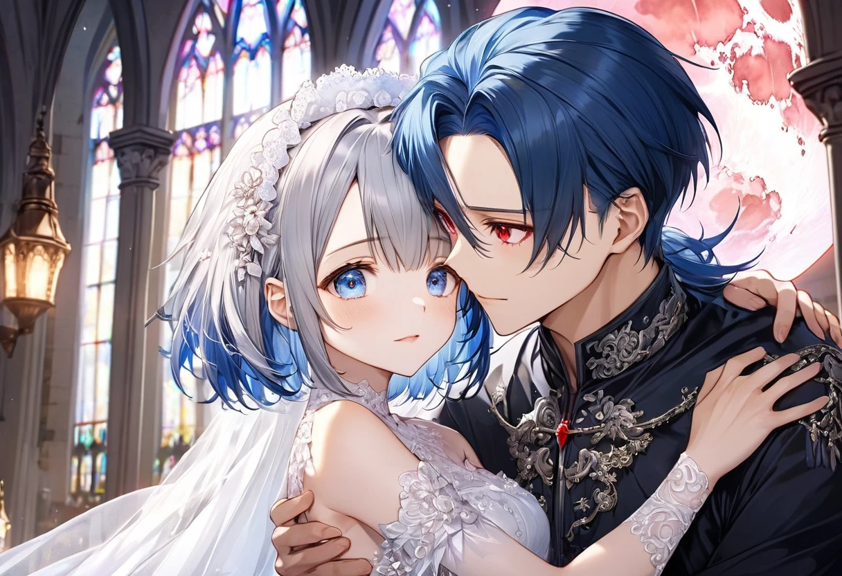 (a crew cut silver hair very short hair divine cool boy, detailed red eyes, flat chest) and (a forehead blue hair long hair cute bride girl, cute blue eyes), break, (love hugging style), (in the Chapel Terrace), (background detailed biggest pink moon), BREAK, perfect anatomy, masterpiece, best quality, 16k, beautiful detailed night, daydreaming expression.