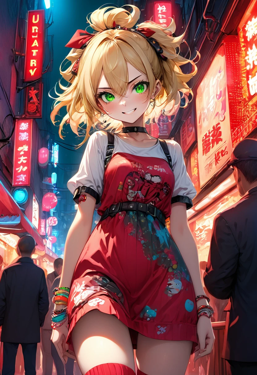 A mischievous girl with a sly grin, standing in a busy city. She has sharp, narrow eyes giving a teasing look, and her eyebrows are raised in a playful manner. She wears a  with a playful twist:, funky socks, and a few quirky accessories like bracelets and hair clips..  in the city red light district .,(masterpiece:1.3),(highest quality:1.4),(ultra detailed:1.5),High resolution,extremely detailed,unity 8k wallpaper, blonde hair, green eyes, wearing one piece dress
