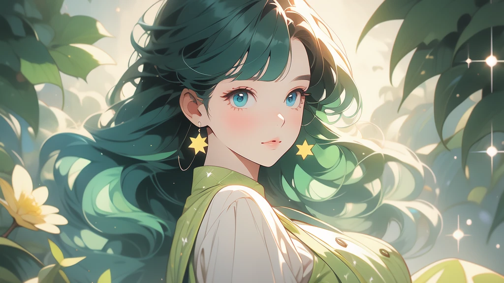 Big fat girl in tight yellow sundress, ,Lineartnime, anime simple style 1woman.flower painting on sequins overalls.sequins shinywhite lips. eyeshadow.shinywhiteeyeliner.bustshot.(ultradetailed:1.4).16K.bestshot.musterpiece.,starrystarscloudcolorful,,maomao,1girl,blunt bangs,green hair,long hair,blue eyes,solo,