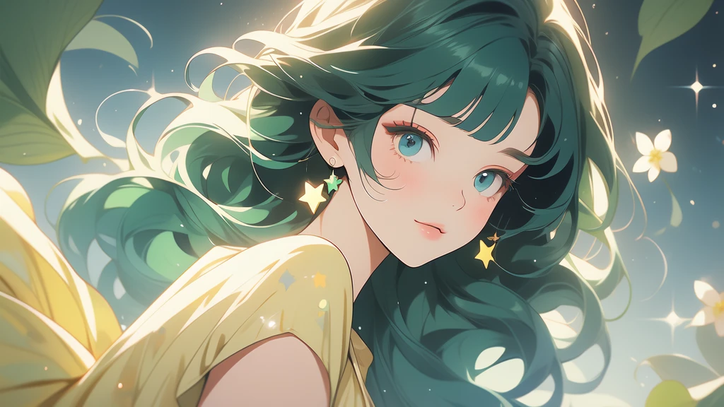 Big fat girl in tight yellow sundress, ,Lineartnime, anime simple style 1woman.flower painting on sequins overalls.sequins shinywhite lips. eyeshadow.shinywhiteeyeliner.bustshot.(ultradetailed:1.4).16K.bestshot.musterpiece.,starrystarscloudcolorful,,maomao,1girl,blunt bangs,green hair,long hair,blue eyes,solo,