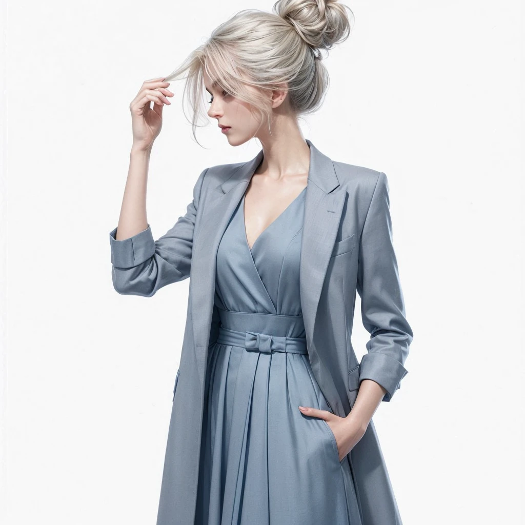 On a white background, a realistic image of an elegant woman, tall and slim, with platinum hair in a bun at the nape of her neck; she is wearing a light blue-grey ensemble; a blazer with a blue knee-length dress.
She gently touches her hair.