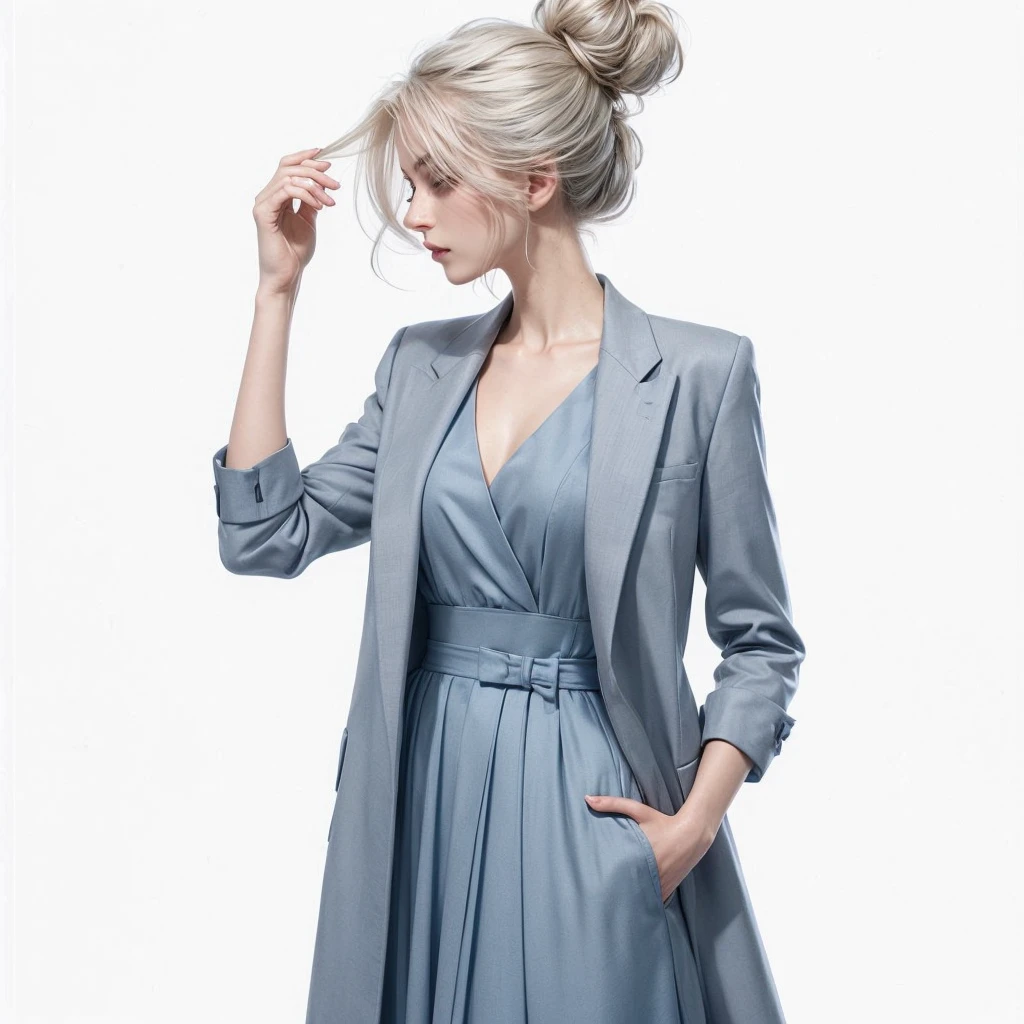 On a white background, a realistic image of an elegant woman, tall and slim, with platinum hair in a bun at the nape of her neck; she is wearing a light blue-grey ensemble; a blazer with a blue knee-length dress. 
She gently touches her hair.