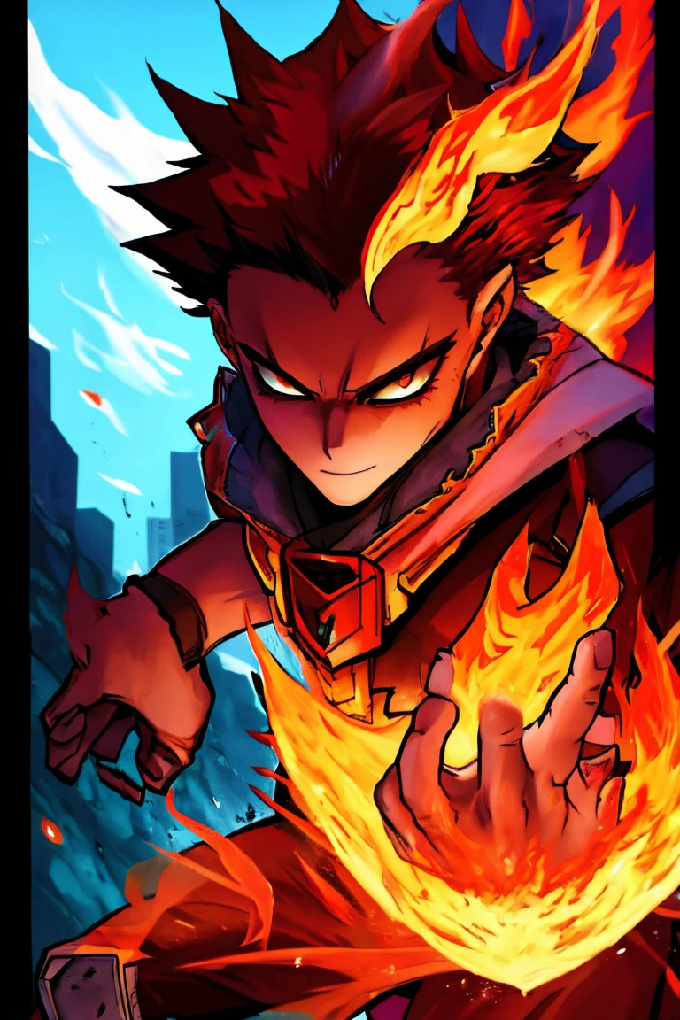 A young man with strong red hair, spiky hair, Look of Fury, kitsune mouth mask, fury fox, blood red fire.