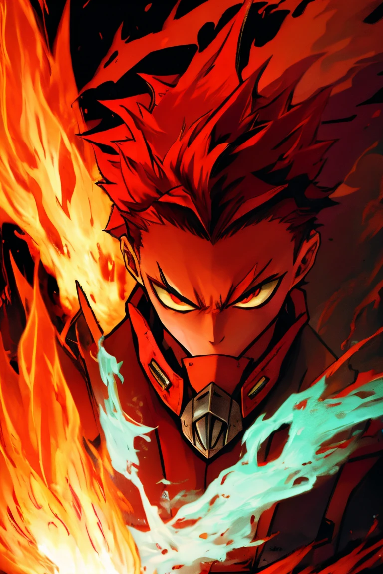 A young man with strong red hair, spiky hair, Look of Fury, kitsune mouth mask, fury fox, blood red fire.