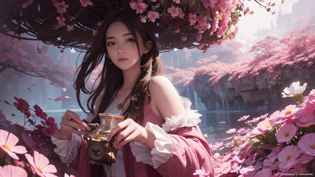 32k, Masterpiece, Highest quality, One girl, Detailed eyes, flower,Sandersonia, Pink and brown style,A dreamy, romantic piece,Pale pink, Mysterious Leaves,A playful arrangement,Fantasy,High Contrast,Ink strokes,explosion,Exposure, Impression of pink and brown tones,Abstract,((Watercolours by John Berkey and Jeremy Mann )) Brush strokes,Negative Space, Tyndall effect,
