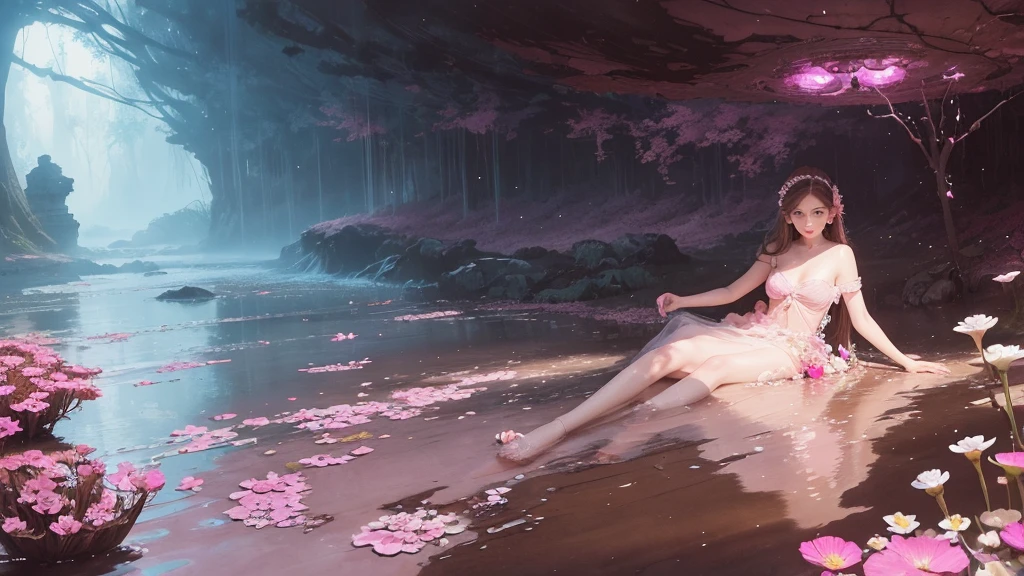 A modern park,There is a circle of rocks around,There is green grass on it,And pink fantasy grass,There is a clear lake in the center,Modern style building,Surrounded by fantasy-style trees and plants。Realistic style,masterpiece, best quality, (Extremely detailed CG unity 8k wallpaper), (best quality), (The best shadow), Realistic lighting, (abyss), Beautiful and delicate light