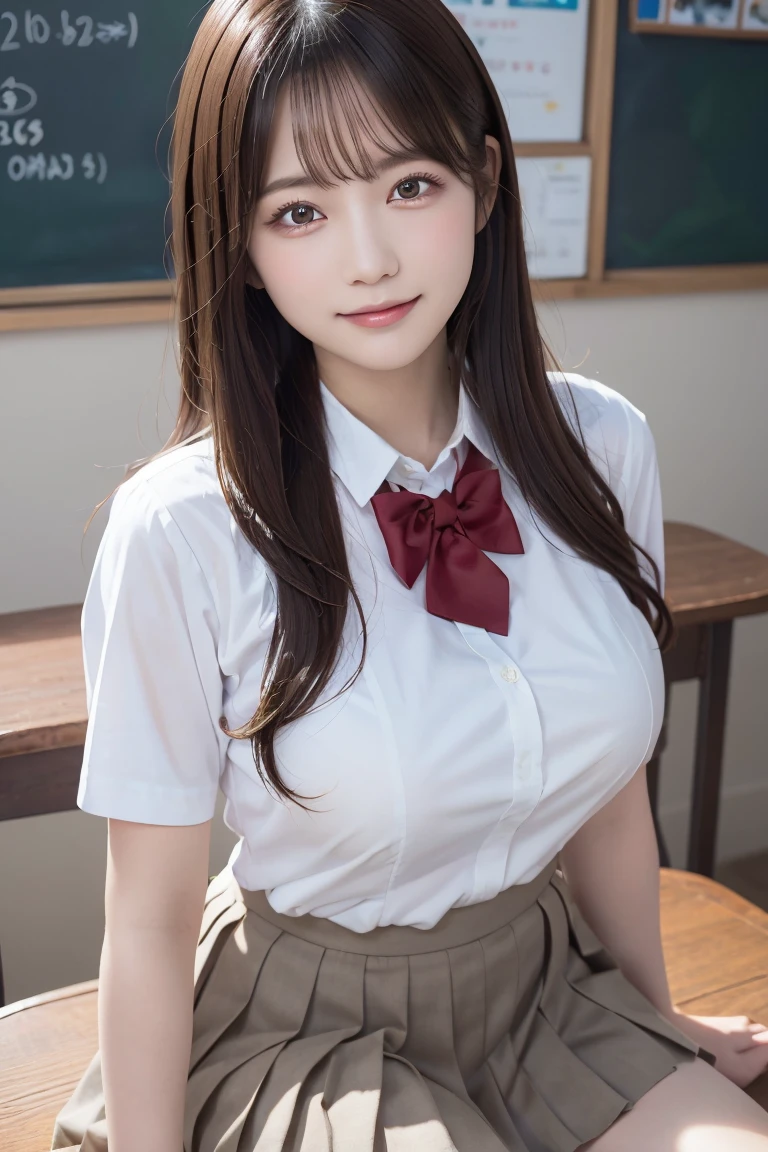 (Best quality,masterpiece,ultra detailed,8K,RAW photo,realistic,high resolution:1.2),(Pretty Japanese girl),(Super huge tits:1.4),(light brown hair),(school uniform,white shirt,pleated skirt:1.4),(voluptuous:1.5),(shoulder length),(light smile),(thick:1.4)