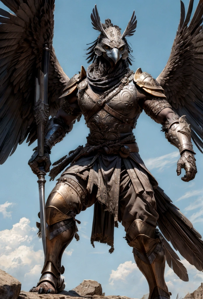 Imagine in stunning 8K cinematic detail, a formidable Spartan warrior with the face of a bird. His avian features include a razor-sharp beak and piercing eyes like those of an eagle, captured in full HD clarity. His feathers are a brilliant golden hue, shimmering under the sunlight in 4K resolution. This warrior possesses a majestic blue wing that extends gracefully from his back, with every feather rendered in meticulous detail, while his other wing, though not visible, adds a sense of mystery and depth to his presence.
The warrior is clad in classic Spartan armor, with a bronze chestplate that gleams brilliantly, reflecting light with lifelike accuracy. The armor is adorned with intricate engravings that tell tales of ancient battles and past glories, each line and curve captured in ultra-high-definition. He wears a Spartan war helmet, with a plume of feathers that extends backward, blending seamlessly with the feathers on his head, creating an imposing and majestic silhouette.
In his right hand, he holds a sturdy spear, decorated with Spartan symbols and blue feathers that match his wing. The spear's details are so precise you can see the individual fibers of the feathers and the engravings on the metal. His shield, round and solid, is emblazoned with the emblem of a bird in mid-flight, symbolizing his indomitable spirit and ability to master both sky and land. His leather sandals are reinforced with metal straps, ensuring that each step resonates with the strength of a legendary warrior.
The warrior is strong and agile, his defined muscles showcasing years of rigorous training, depicted in stunning 4K. His movements are precise and lethal, reflecting Spartan discipline and the grace of a bird of prey, all animated with fluid and realistic motion. This avian warrior is a mythical figure, a perfect blend of strength, agility, and majesty, a true symbol of bravery and power on the battlefield.
Beyond his physical attributes, this warrior embodies the essence of