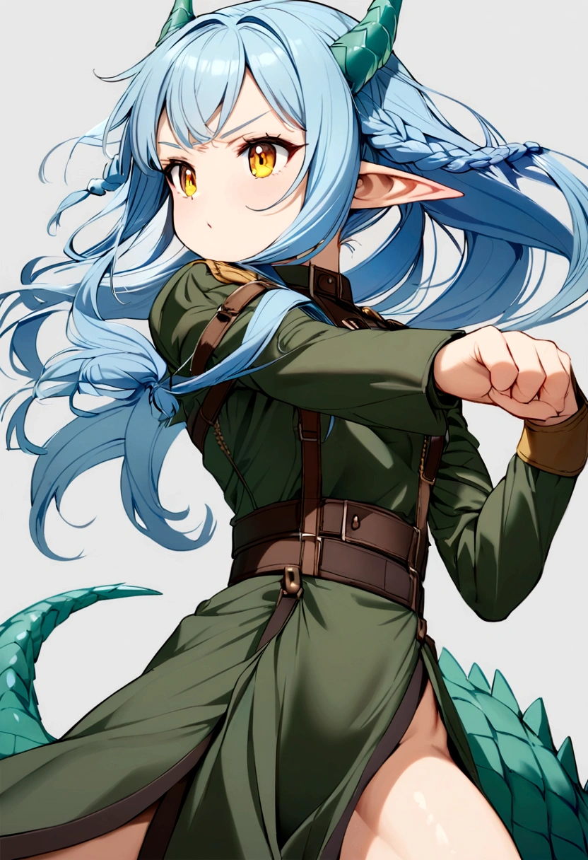 cute young girl, light blue hair, long hair, small braids hair, yellow eyes, dragon horn, dragon tail, elf ear, muscular body, small breast, war outfit, fight with sword pose