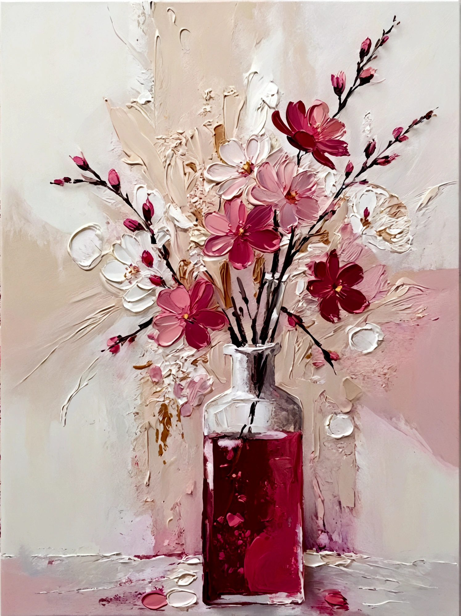 vase，Cherry blossoms，Small flowers，Flowers，bright，pink，White background，vanilla，cream，whiskey，Abstract Art，emotion，emotion，Thick textured paint, 