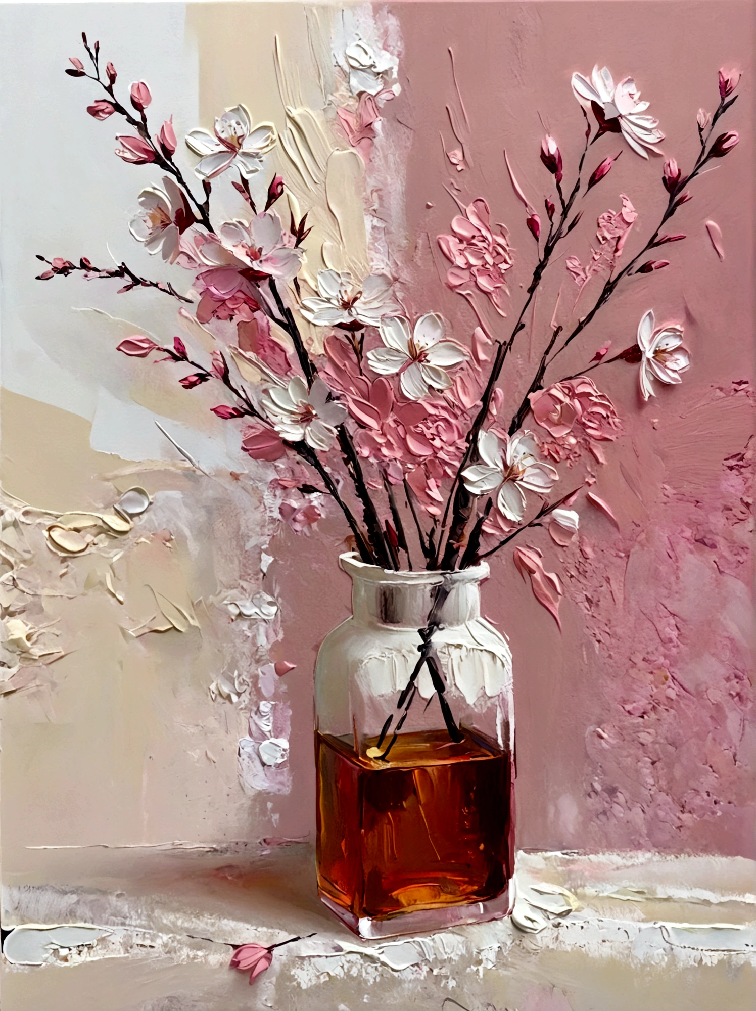 vase，Cherry blossoms，Small flowers，Flowers，bright，pink，White background，vanilla，cream，whiskey，Abstract Art，emotion，emotion，Thick textured paint, 