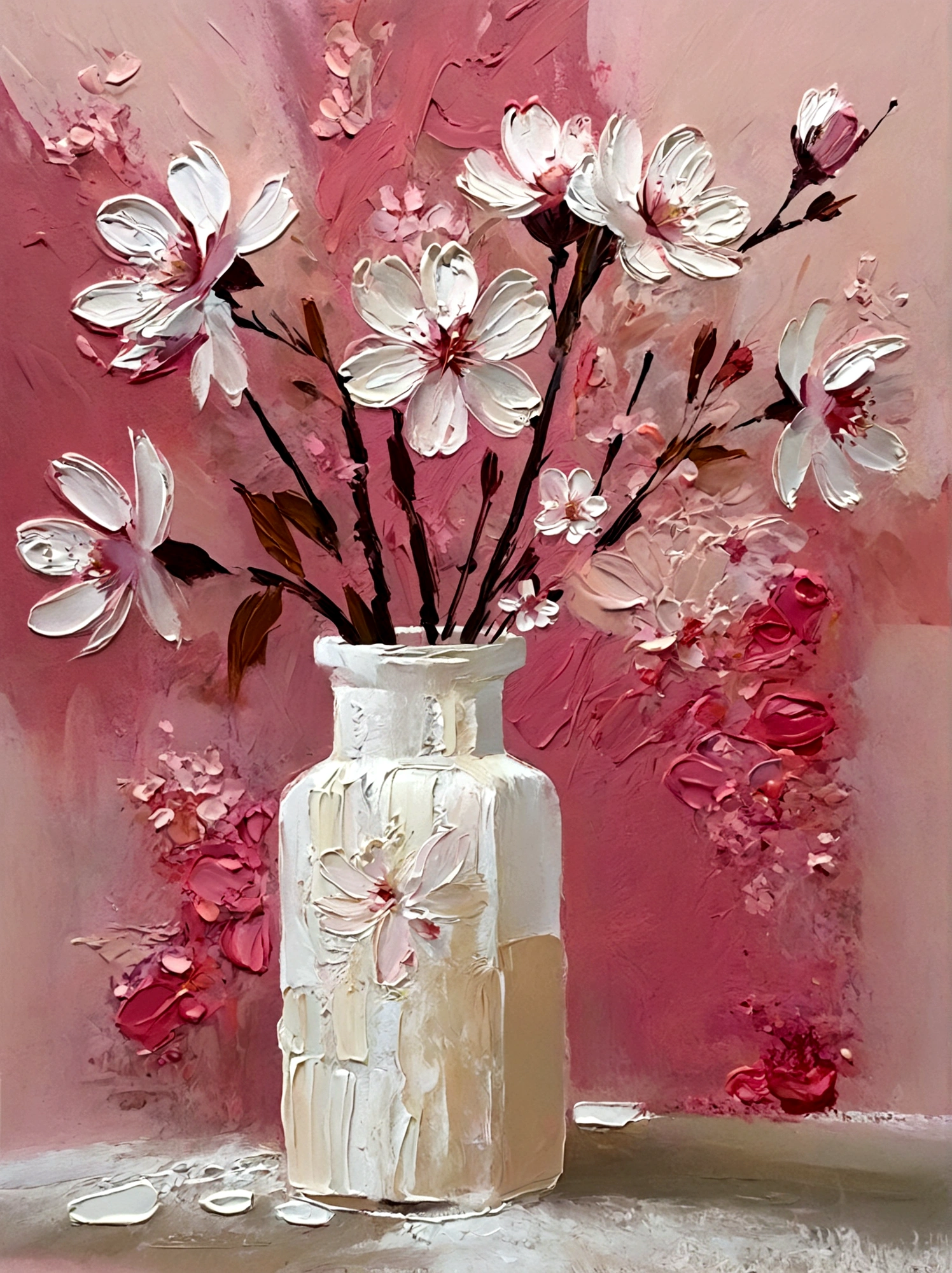 vase,Cherry blossoms,Small flowers,Flowers,bright,pink,White background,vanilla,cream,whiskey,Abstract Art,emotion,emotion,Thick textured paint,
