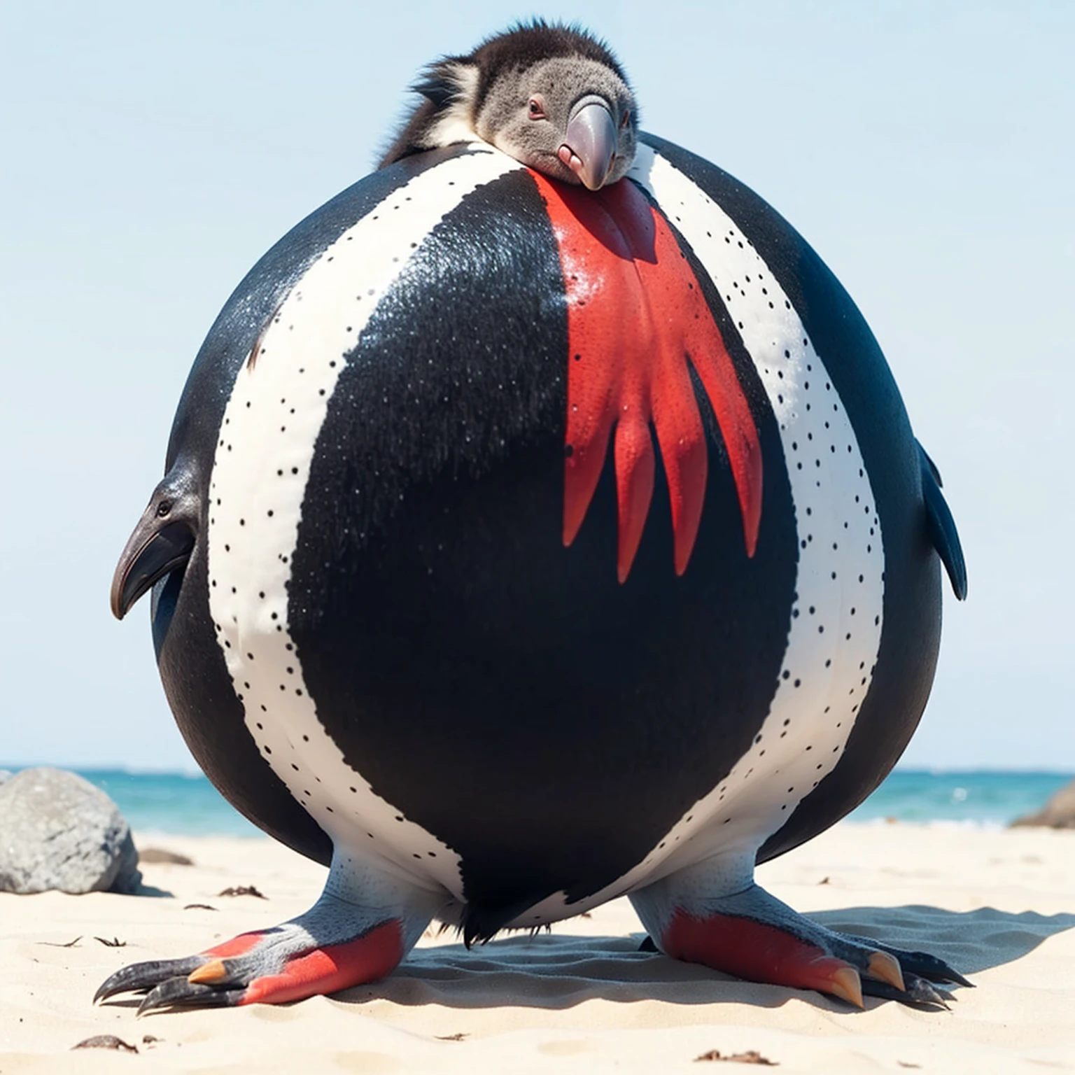 Big Animaly, has red stripes on his skin, blue eyes, penguin mixed with starfish, Grassroots, no background, (koala head)